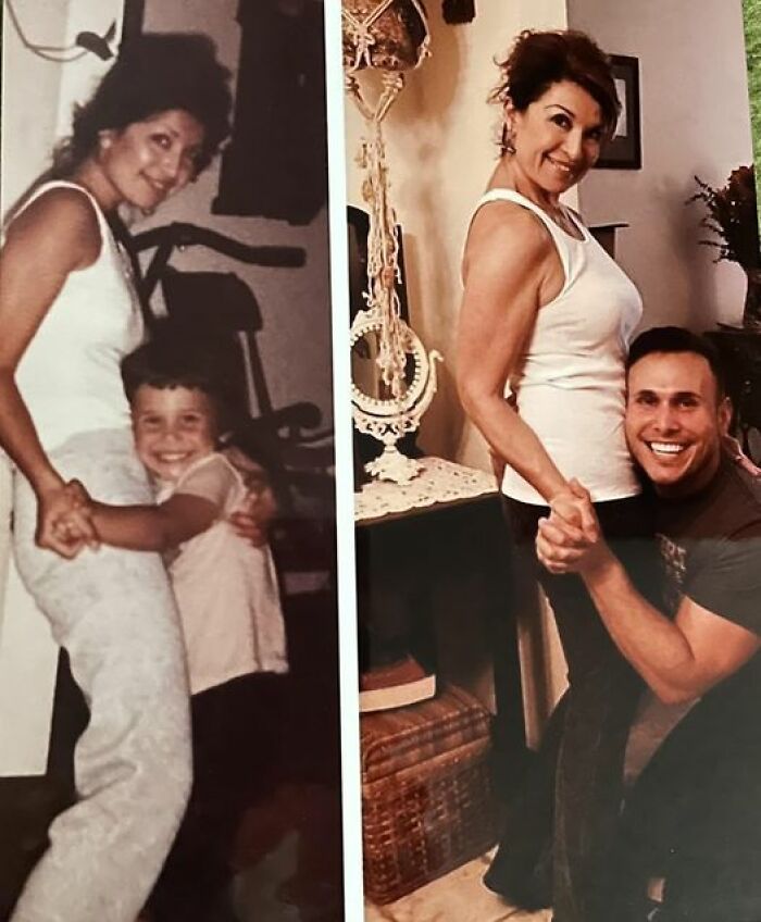 Historical before and after: a mother and son posing the same way, showing vestiges of history and family joy.
