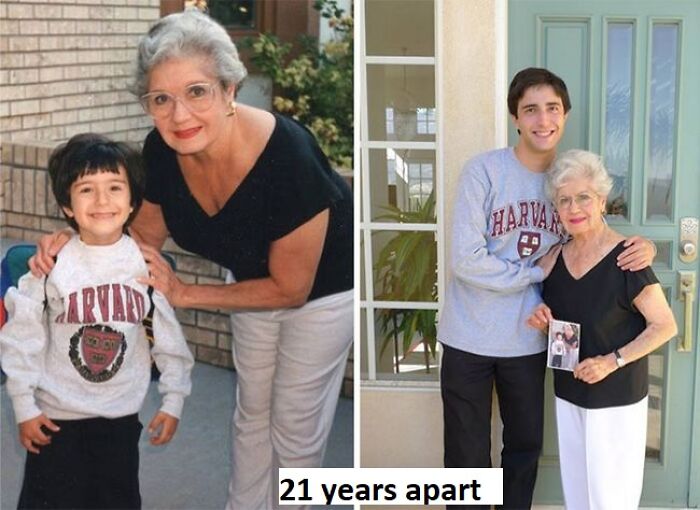 Two people in Harvard shirts, photographed 21 years apart, showing vestiges of history.