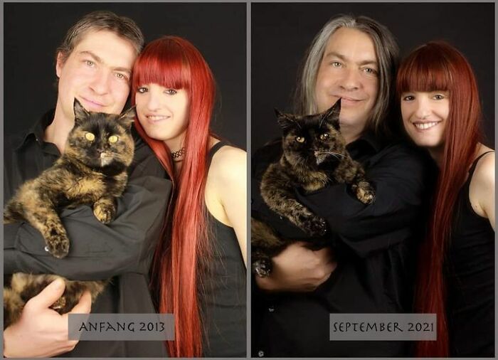 Vestiges of history: Couple with a cat in before (2013) and after (2021) photos, showing change over eight years.