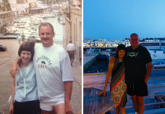 Vestiges of history: A couple poses by a waterfront in a before and after photo from different years.