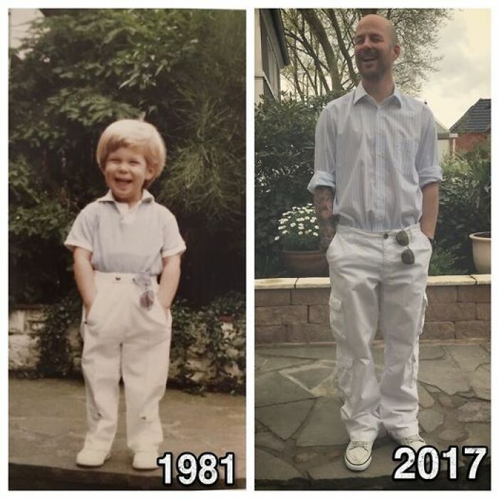 Before and after images showing a person in similar outfits in 1981 and 2017, capturing vestiges of history.