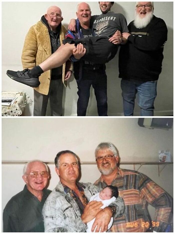 Men recreate a past photo of holding a man as a baby, depicting vestiges of history and nostalgic moments.