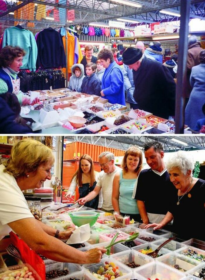 Before and after market scene, showcasing vestiges of history through changing fashion and candy displays.