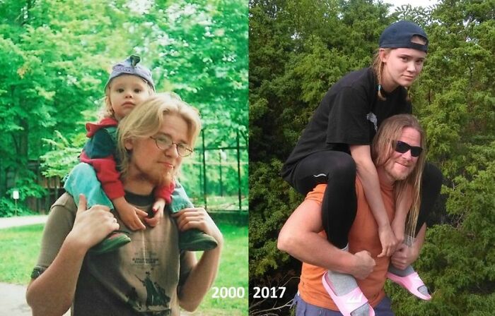 My Daughter And Me Remaking The Memory After 18 Years. She Is A Kindergarten Teacher Now