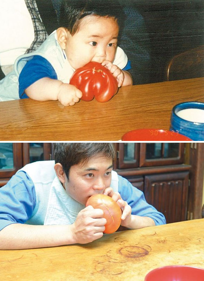 Before and after photos show a child and adult mimicking biting a tomato, illustrating vestiges of history and growth.