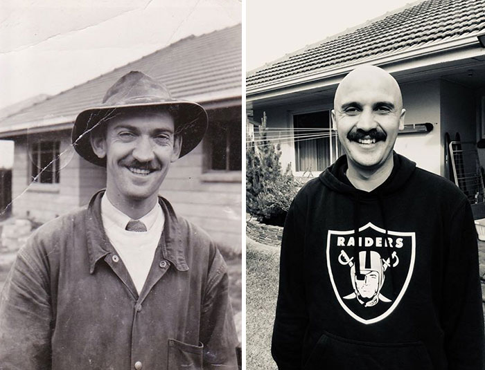 Vestiges of history: A black and white photo of a man in a hat next to a modern photo of a man in a Raiders hoodie.