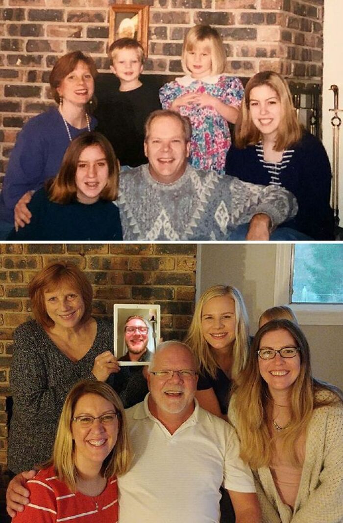 Family before and after photo, showcasing the vestiges of history with a tablet displaying a missing family member.