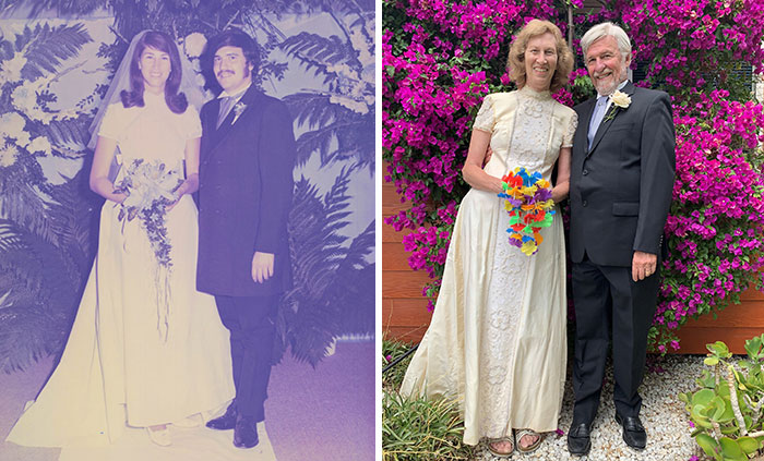 Before and after wedding photos of a couple, showcasing vestiges of history in their attire and surroundings.