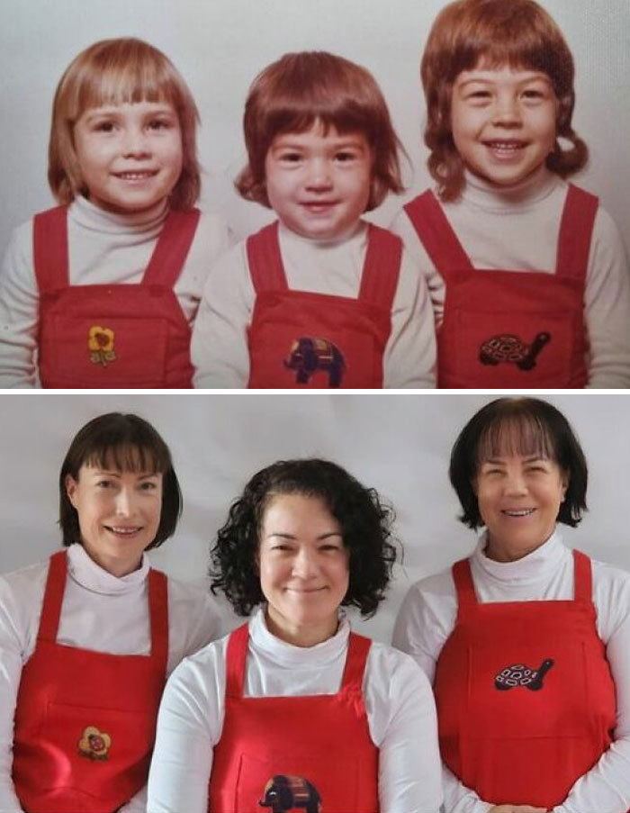 Vestiges of history: Three sisters in matching red outfits as children and adults, smiling in a before-and-after photo.