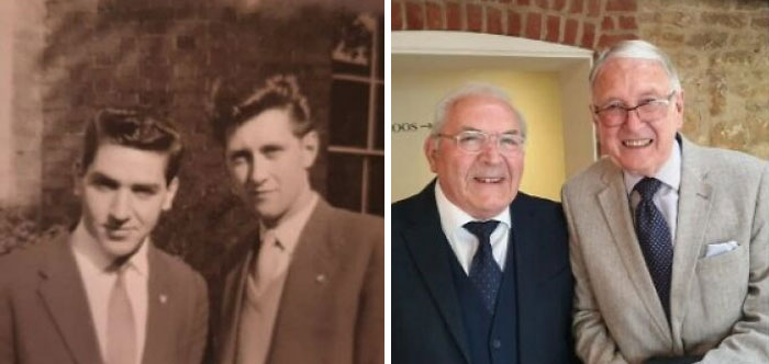 Two friends in vintage photo and present day, showcasing the vestiges of history and enduring friendship.