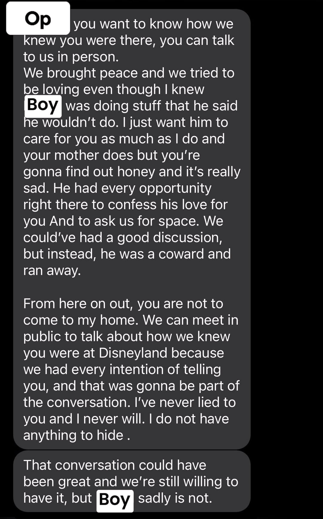 Text message from parents discussing stalking date incident at Disneyland. Text message from parents discussing stalking date incident at Disneyland.