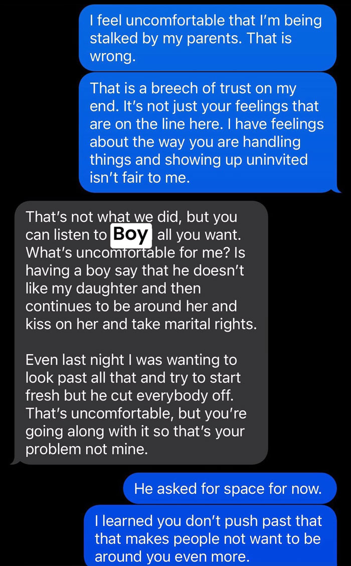 Text exchange about being stalked by parents, discussing trust and relationship boundaries. Text exchange about being stalked by parents, discussing trust and relationship boundaries.