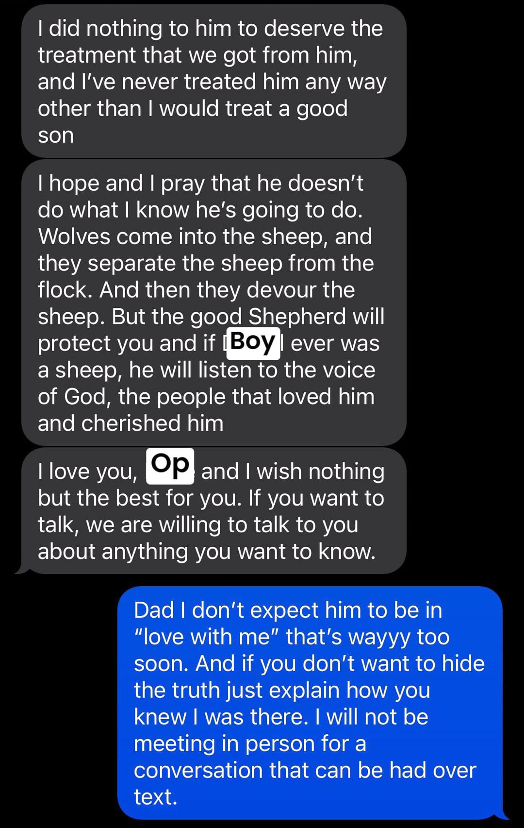 Text exchange discussing concerns and expectations between parents and a date. Text exchange discussing concerns and expectations between parents and a date.