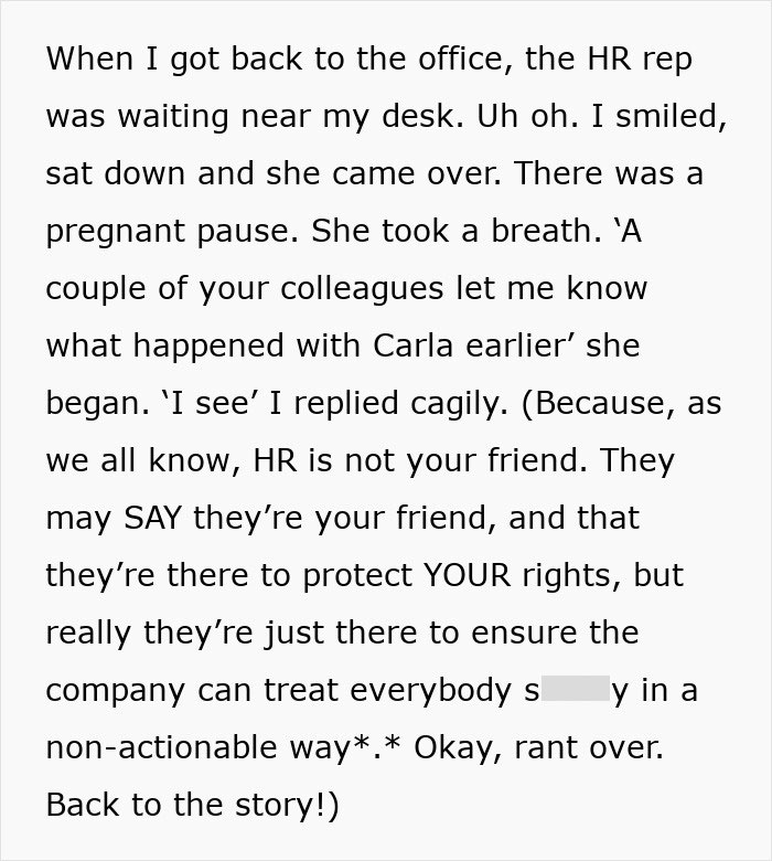 Text exchange about HR meeting discussing a colleague's experience involving chemotherapy comments. Text exchange about HR meeting discussing a colleague's experience involving chemotherapy comments.
