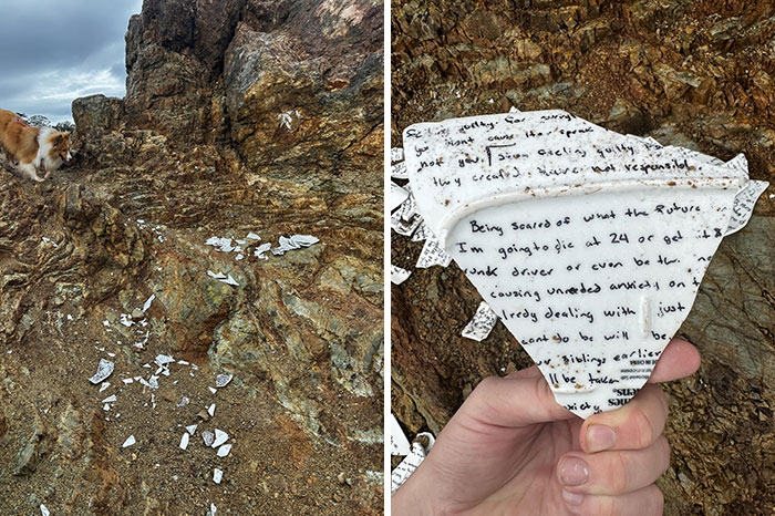 A dog on rocky terrain with littered paper fragments; a hand holds a piece of text, embodying people being jerks.