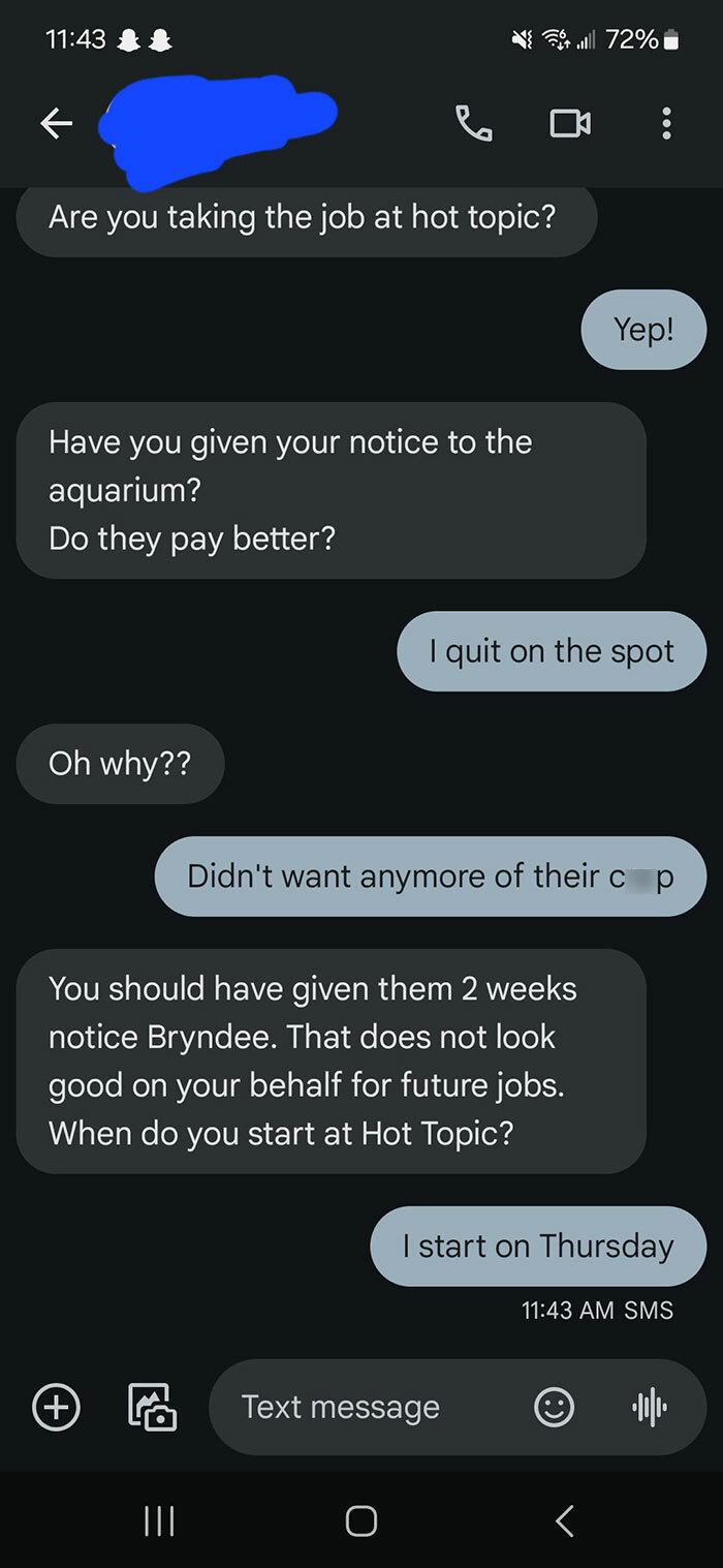Text exchange between workers discussing quitting a job and starting at Hot Topic, showcasing career-changing decisions.