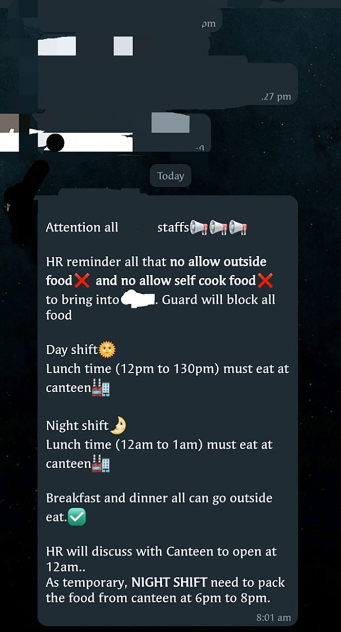 Text message from HR about canteen rules, contributing to workers taking back control.