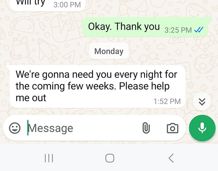 Text message about work every night request, related to workers taking back control.