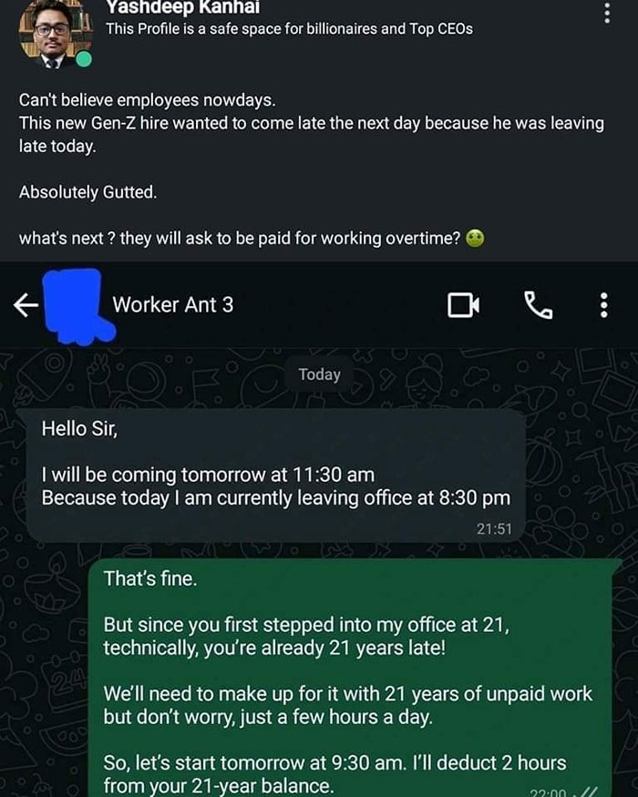 Employee text exchange showing frustration about overtime and schedule adjustments.
