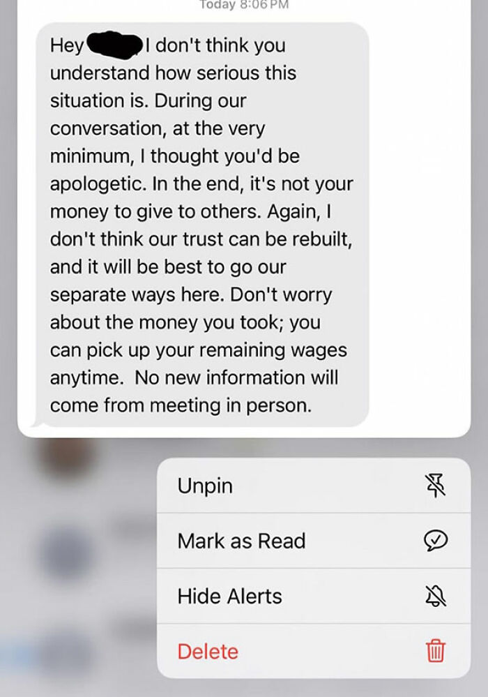 Career-ending text showing a serious conversation about trust issues and wages between a worker and employer.