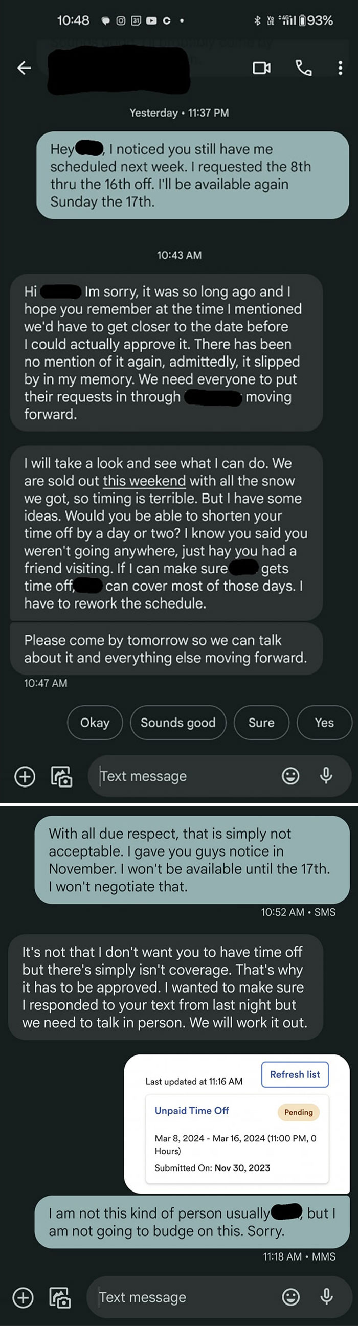 Text conversation showing a worker asserting control over their schedule and refusing to alter time-off dates.