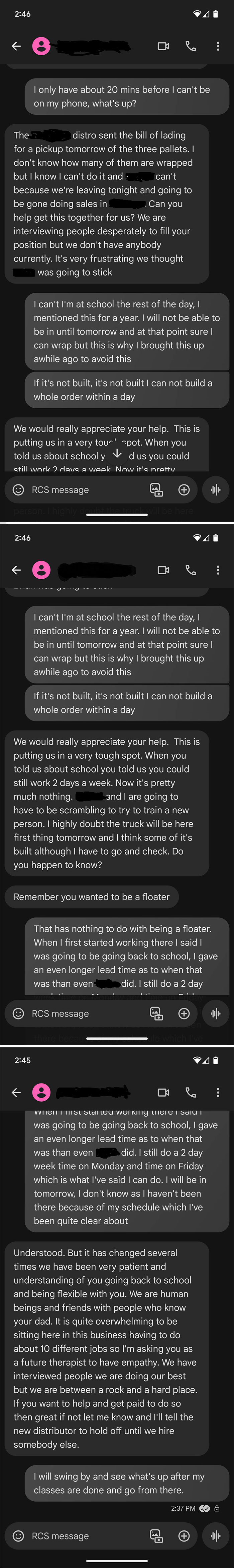 Text exchange between workers, discussing job responsibilities and schedule conflicts.