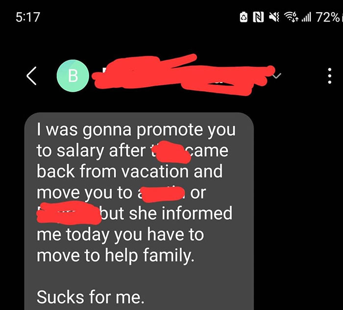 Text message from boss about promotion, worker takes control and replies with career-ending decision.
