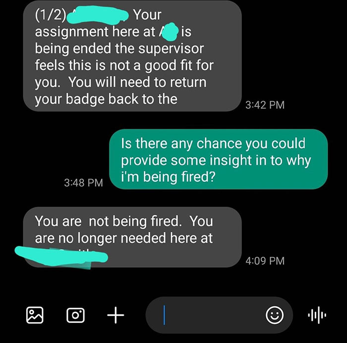 Texts from workers who took back control, discussing unexpected job termination details.