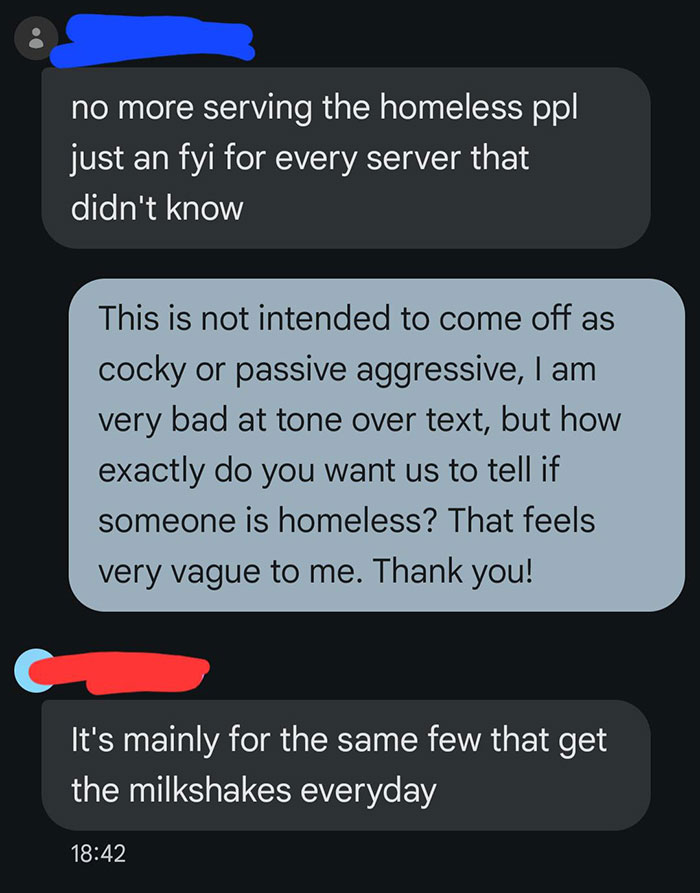 Text message conversation between workers questioning a policy about serving homeless people.
