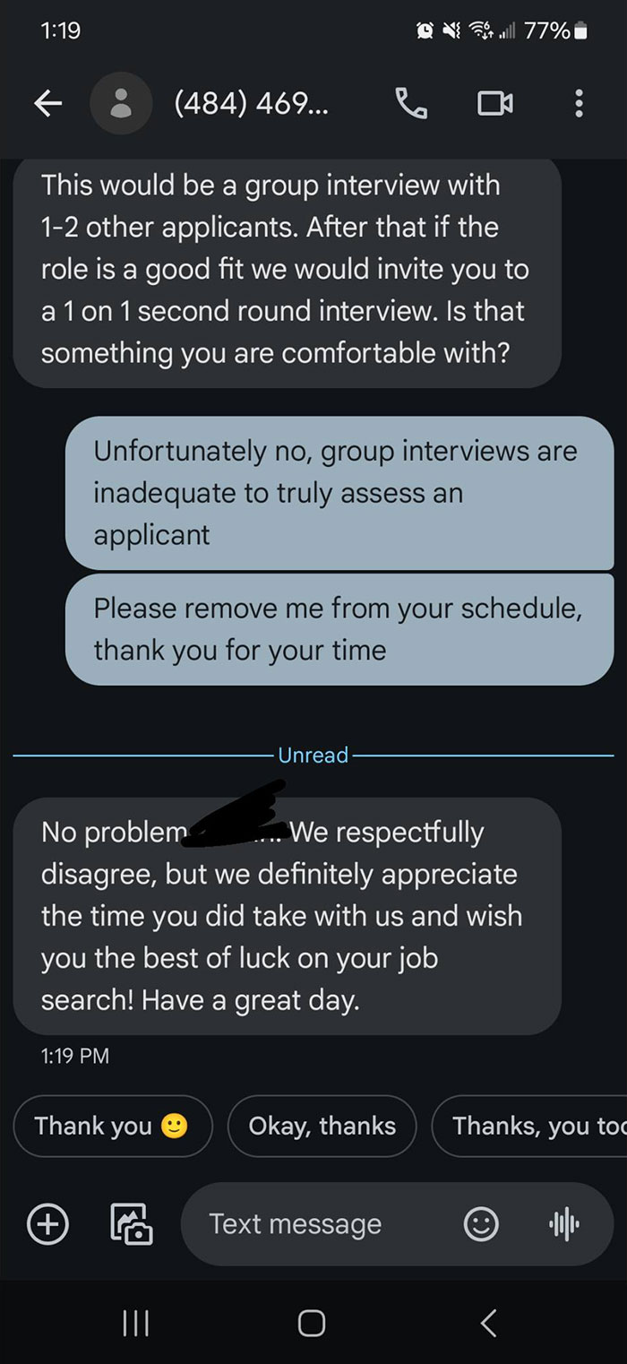 Texts exchange where a worker rejects a group interview, taking control of their career decision.