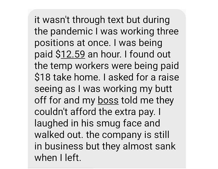 Text exchange where a worker discusses confronting their boss about unfair pay during the pandemic.