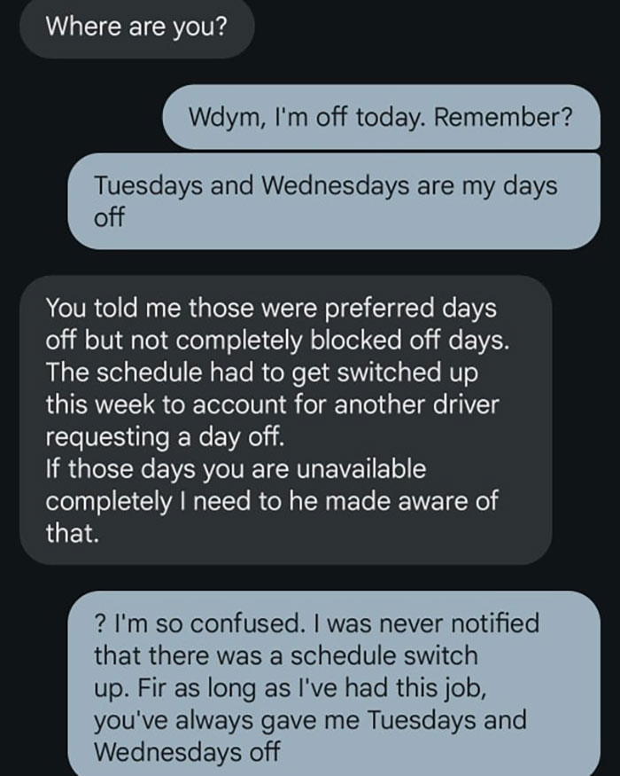 Text exchange about schedule conflict; worker asserts preset off days, highlighting control over work-life balance.