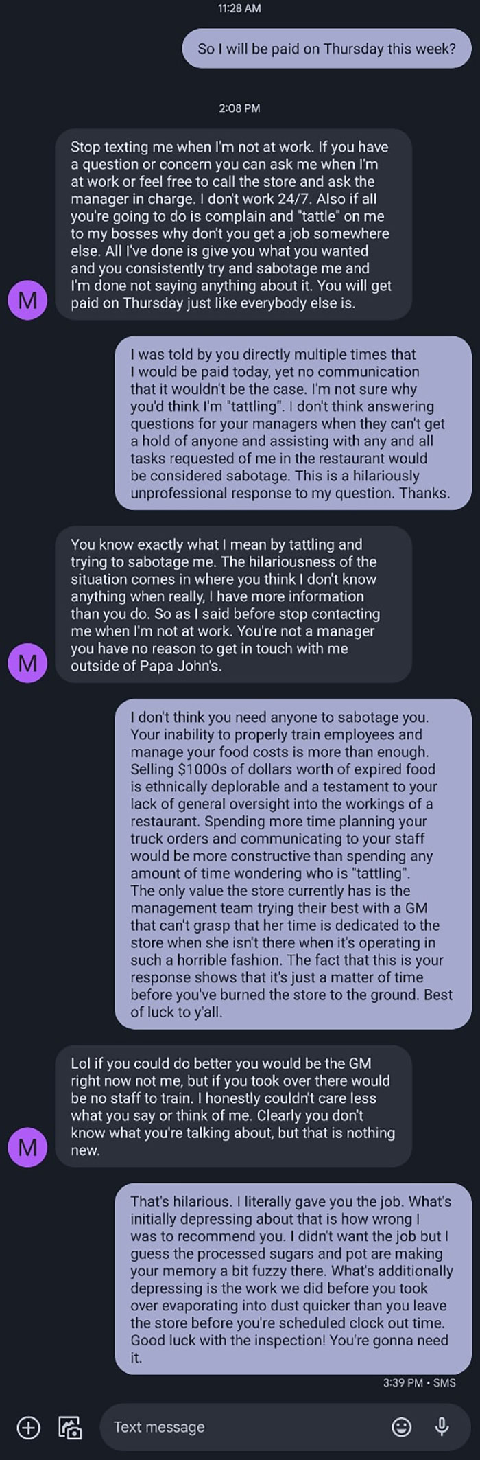 Text conversation showing workers taking back control and discussing career-ending messages.