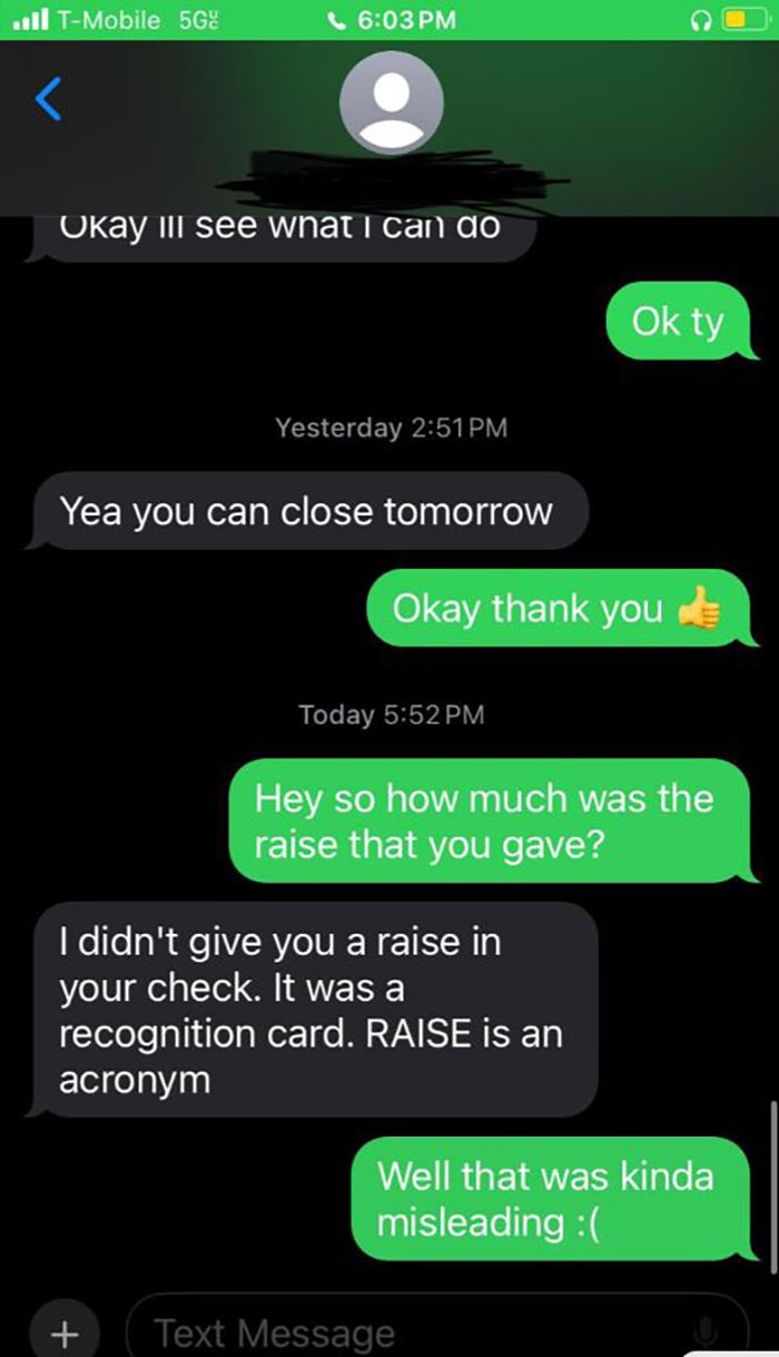 Text exchange of workers discussing a misleading "raise" recognition card.