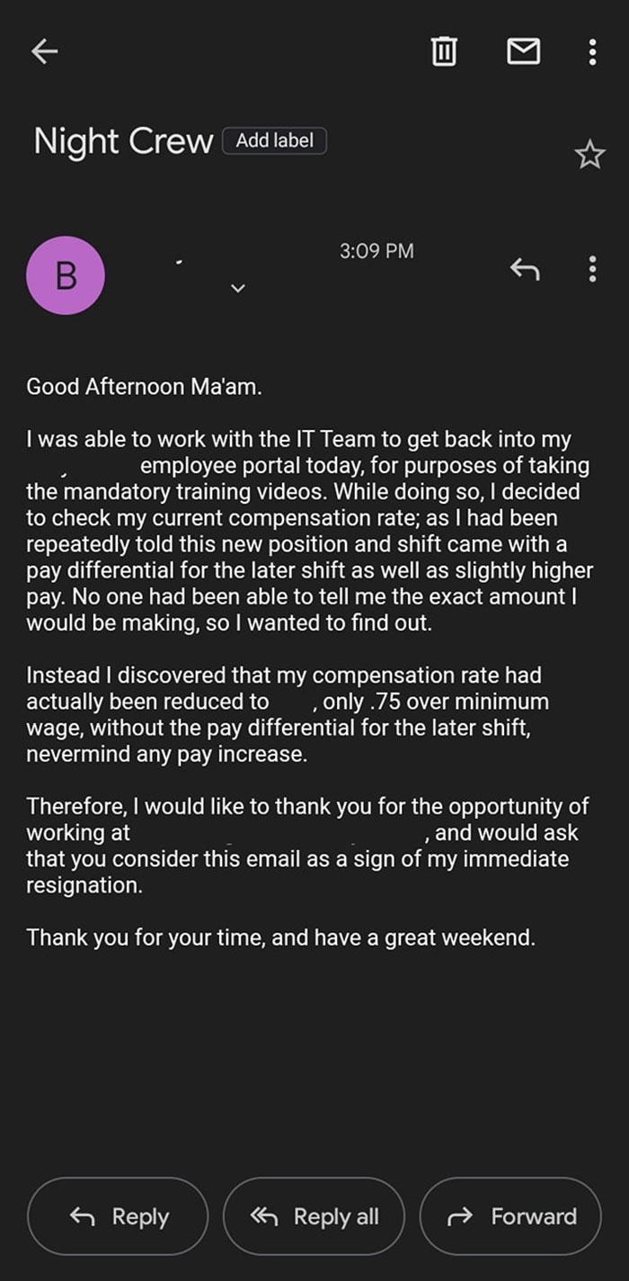 Email of a worker resigning due to reduced compensation, claiming back control of their career.
