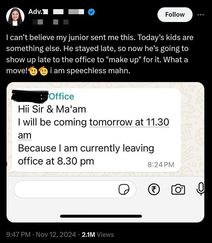 Screenshot of a worker's bold text message about late arrival, showcasing career-ending communication.