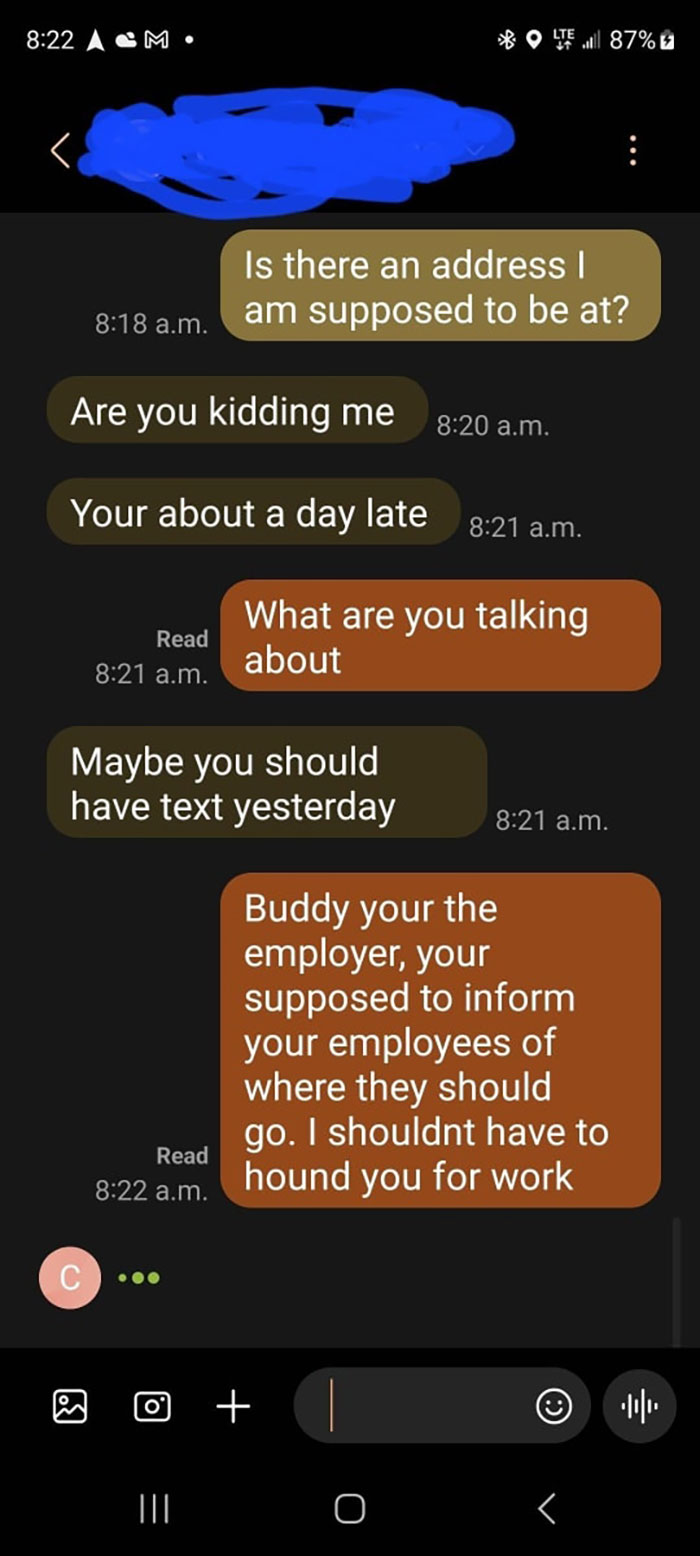 Text message exchange with workers asserting control over unclear job instructions.