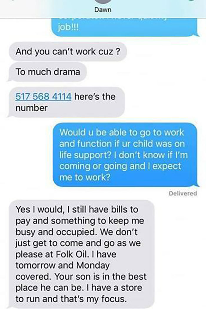 Screenshot of a text exchange where a worker takes control of a difficult job situation.