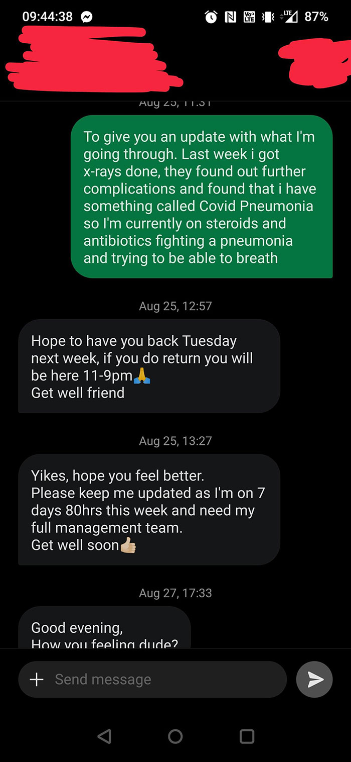 Text messages from workers discussing health issues and work schedule adjustments.