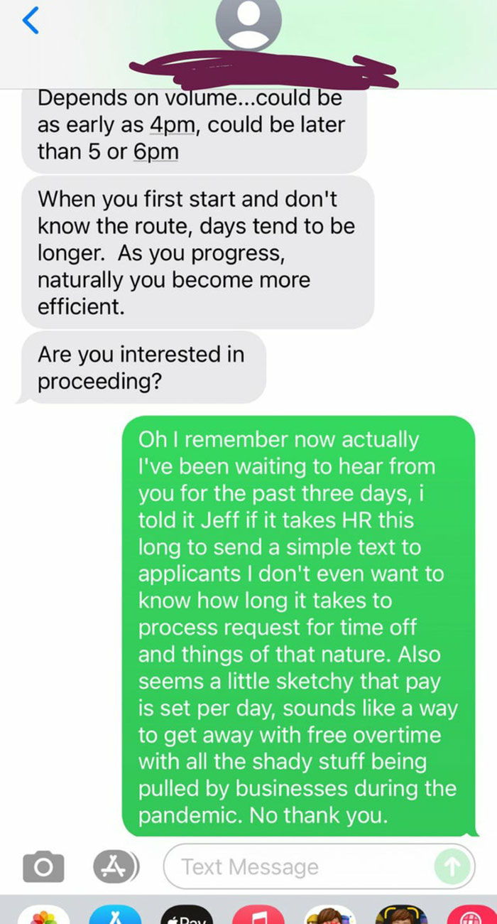 Text exchange of a worker rejecting a job offer due to shady practices, emphasizing taking control.