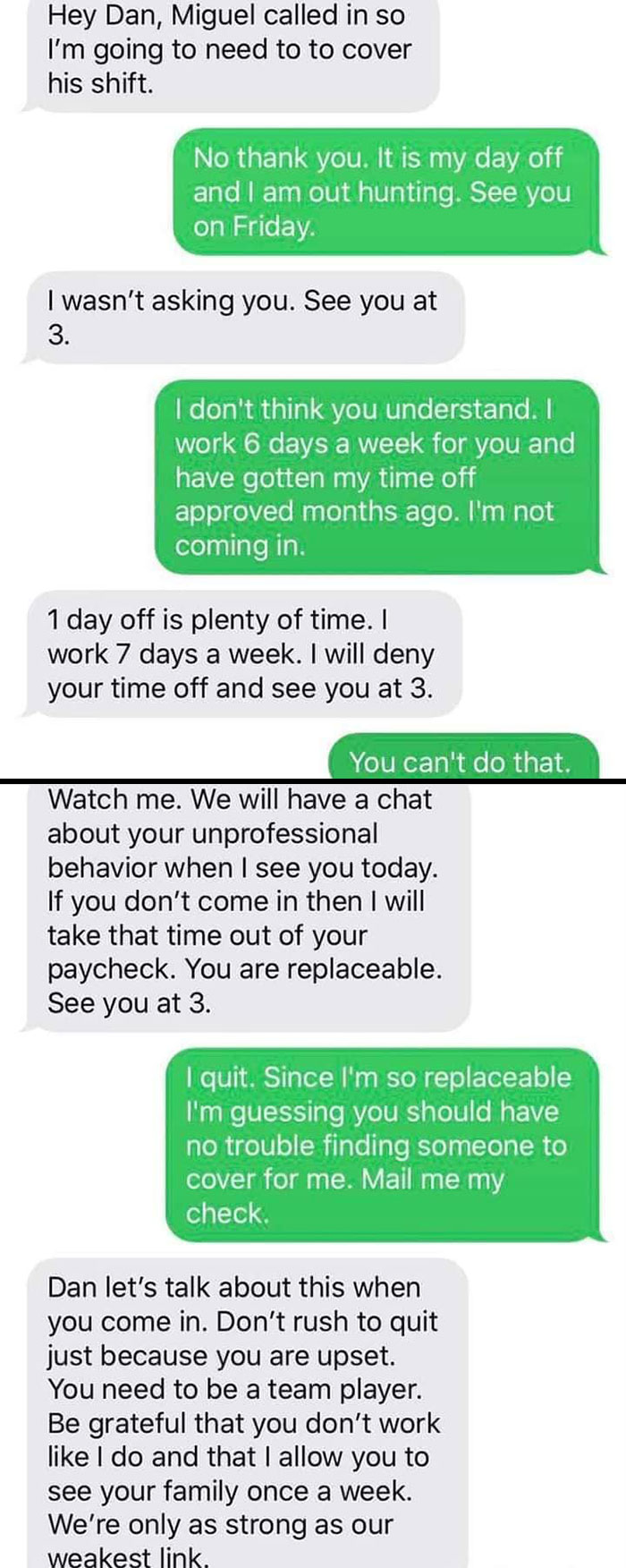 Employee declines covering a shift due to prior commitments, leading to resignation via text message.