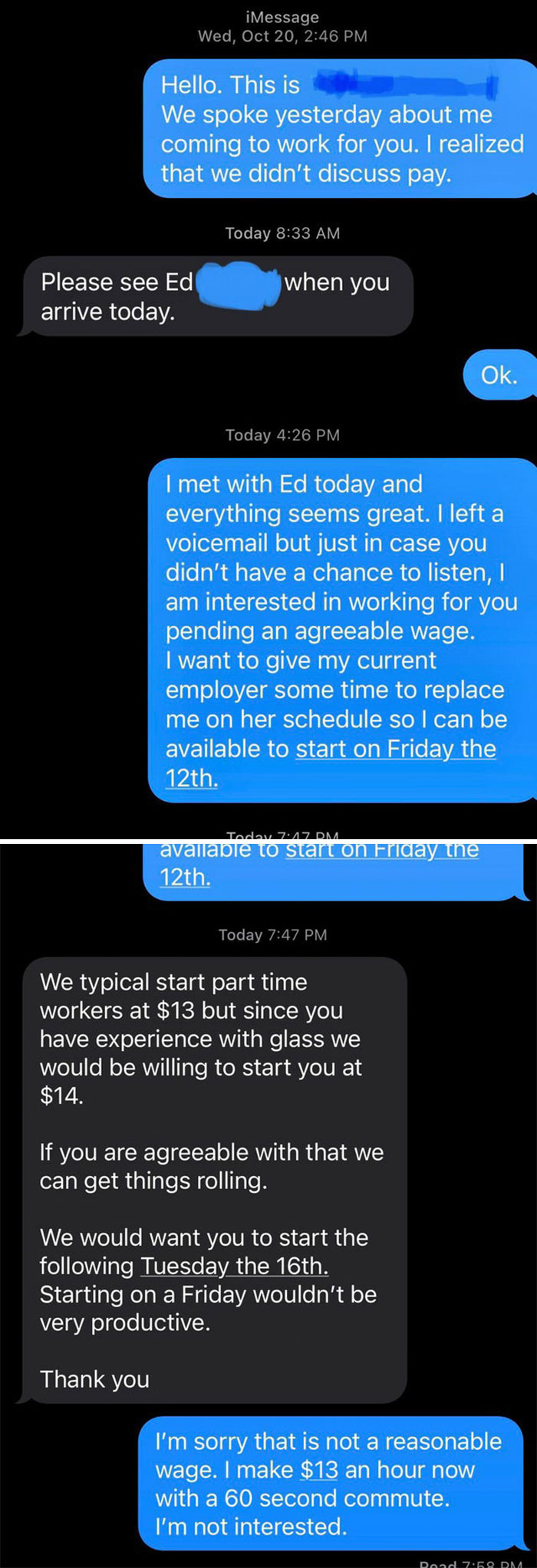 Text exchange of workers discussing wages, with an employee declining a low offer after evaluating their current pay situation.