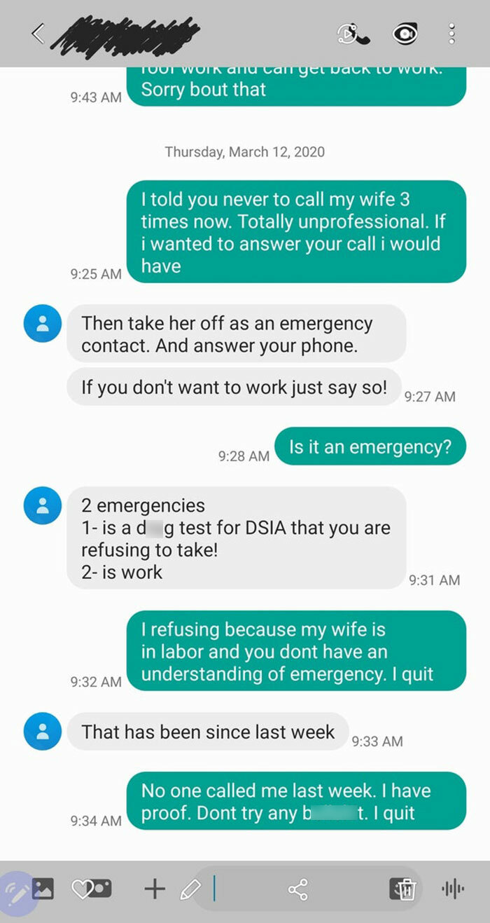 Texts showing workers taking back control by quitting due to work misunderstandings and personal emergencies.