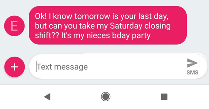 Text exchange screenshot showing a worker's final shift request.