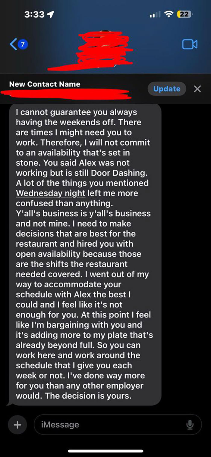 Text exchange showing a worker's career-ending decision to reject unpredictable scheduling requests.