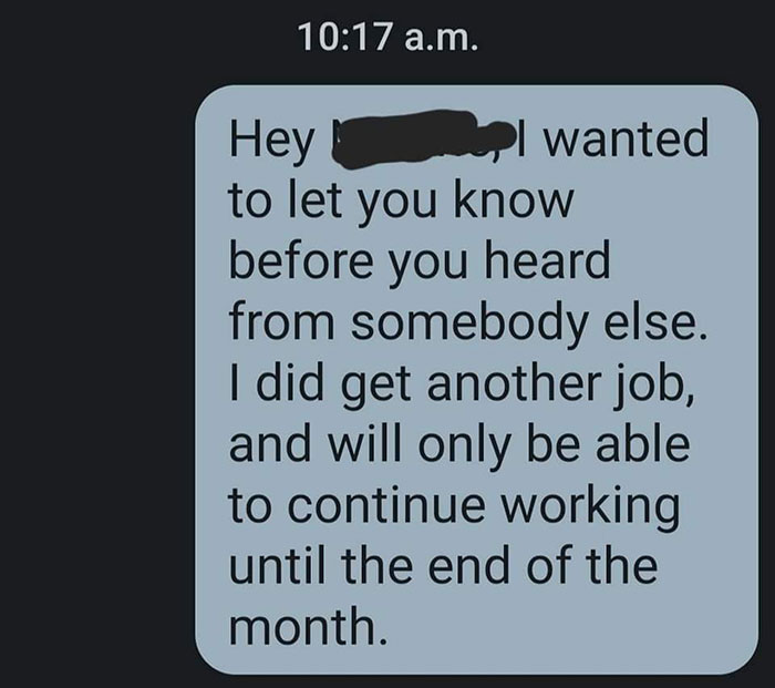 Text message of a worker taking back control by quitting their job for a new opportunity.