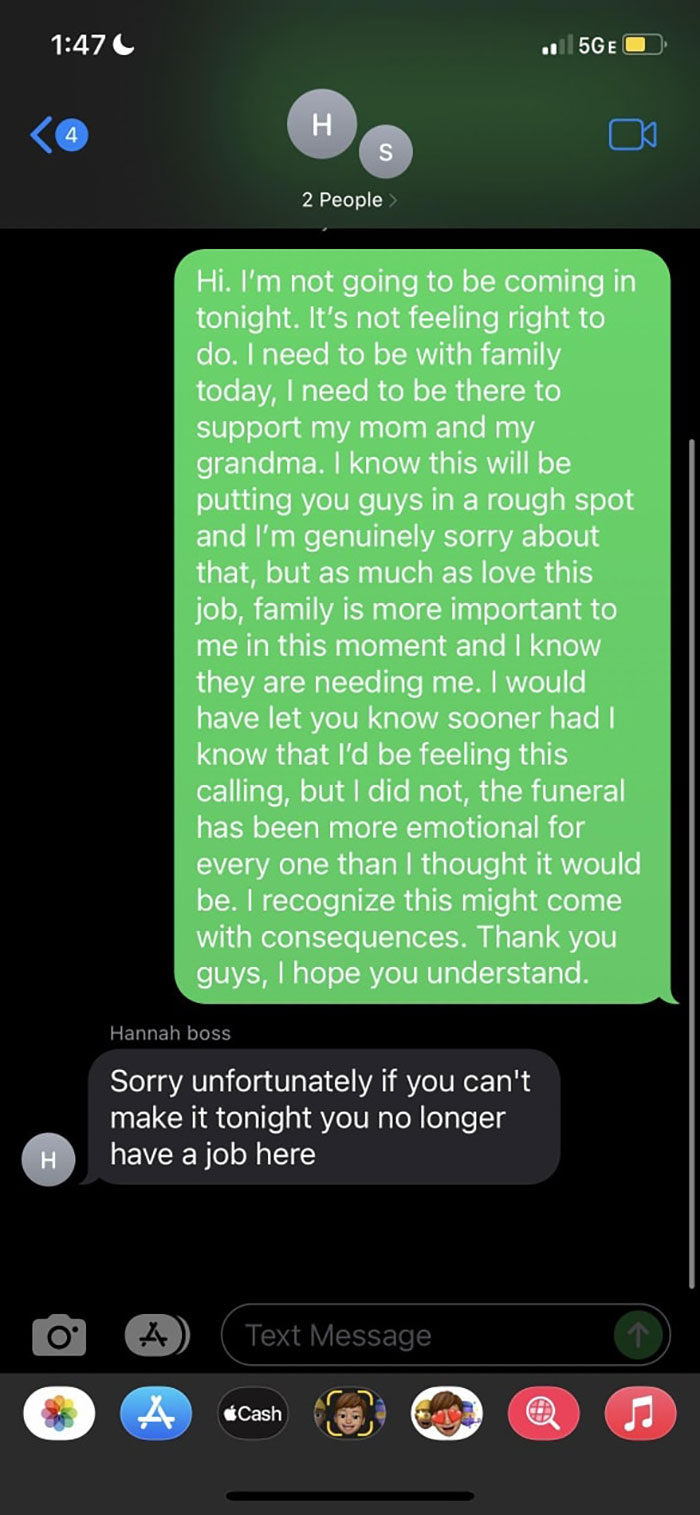 Text exchange of a worker putting family first, leading to job termination, exemplifying workers taking control.