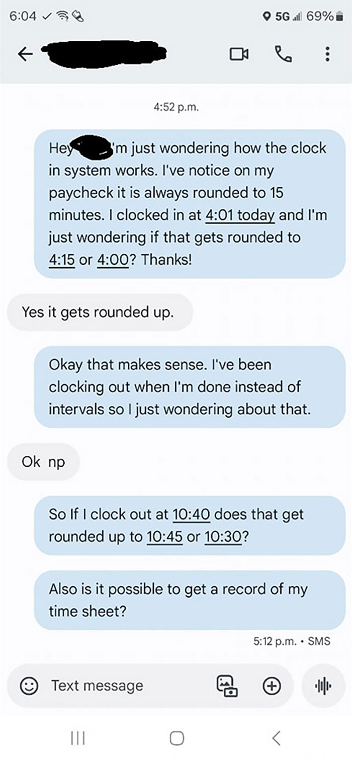 Text exchange between a worker and employer discussing clock-in rounding and timesheet records.