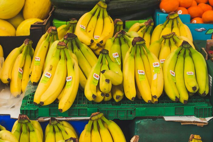Bunches of bananas with stickers on display at a market.