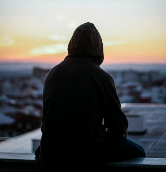 Person in a hoodie sits on a rooftop at sunset, evoking mystery and contemplation about family secrets.